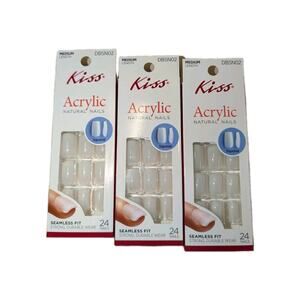 LOT OF 3 KISS Acrylic Natural Squoval Medium Length Glue-On Nails DBSN02